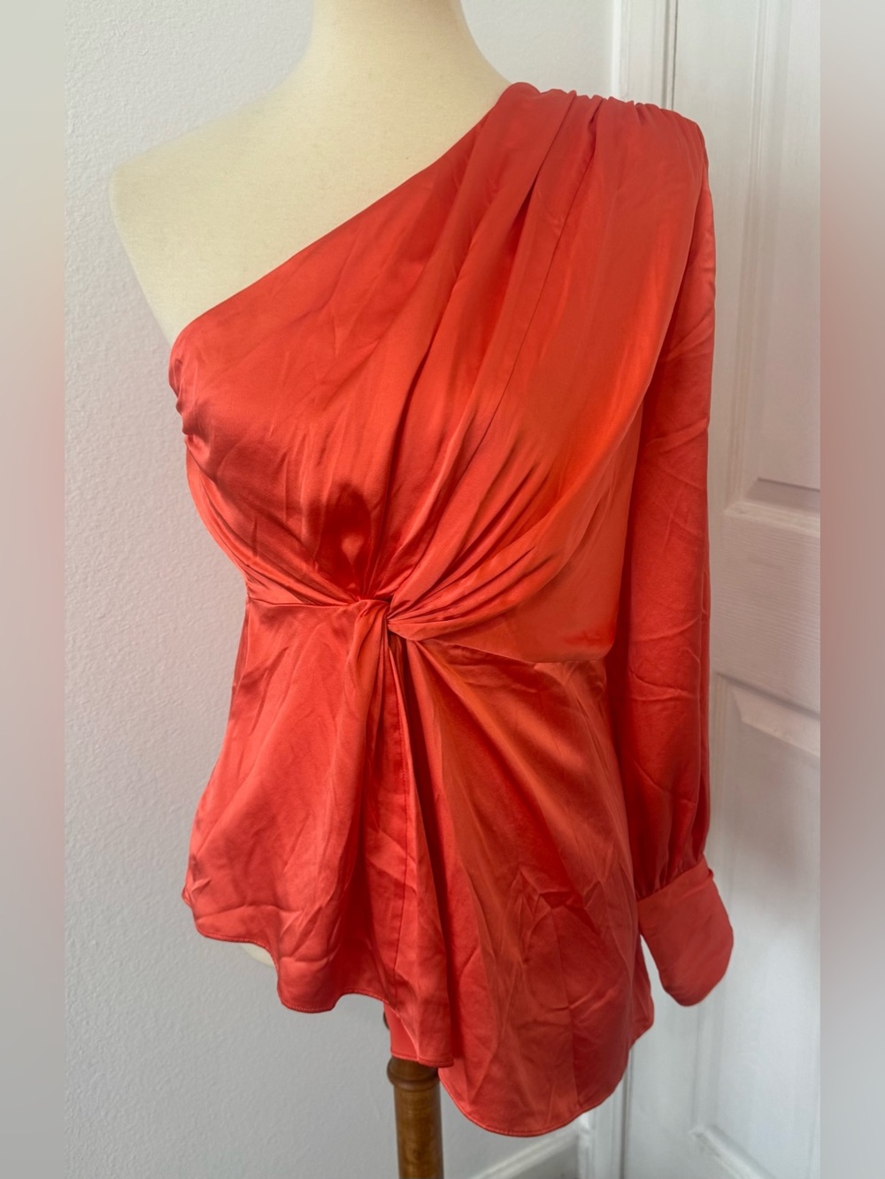 Cinq a Sept One Sleeve Silk Top Neon Coral Asymmetrical Hem Twist Front NWT Med